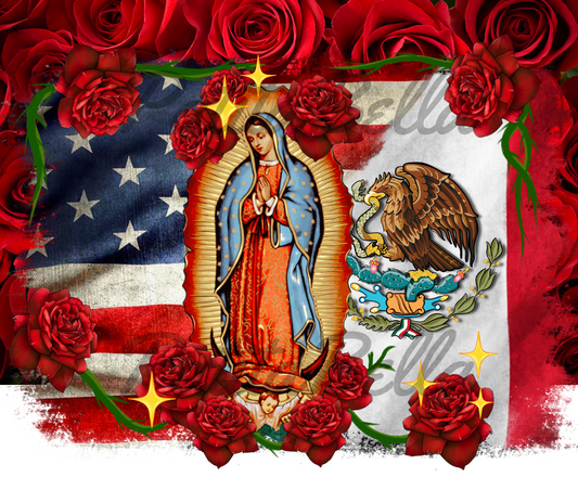 T283 Guadalupe Mexicana Americana transfer para sublimacion tumbler de 20oz
