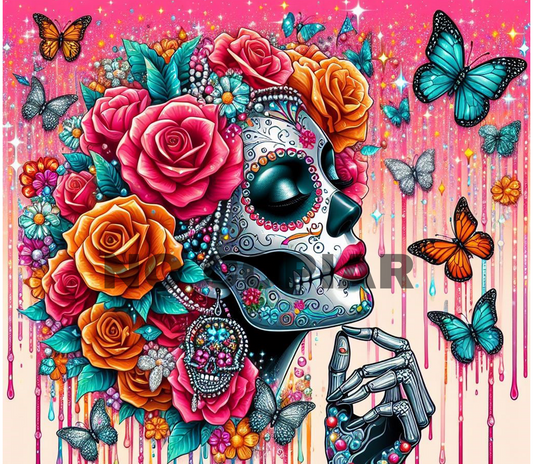 T108 Catrina Mariposa Azul transfer para sublimacion tumbler de 20oz