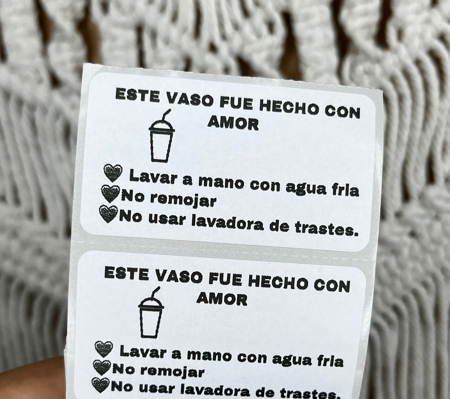 Paquete de 100 stickers con instrucciones de cuidado para vasos