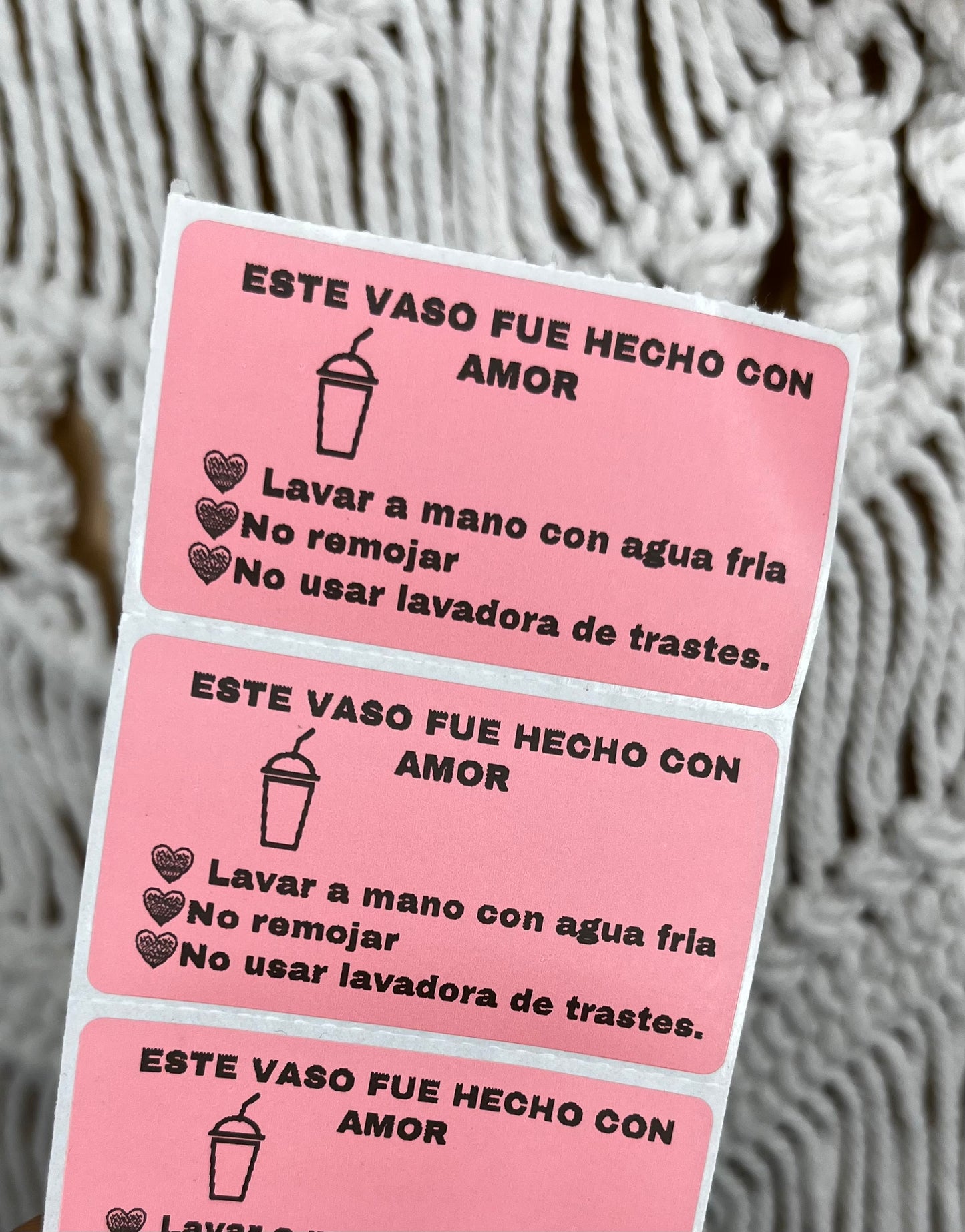 Paquete de 100 stickers con instrucciones de cuidado para vasos