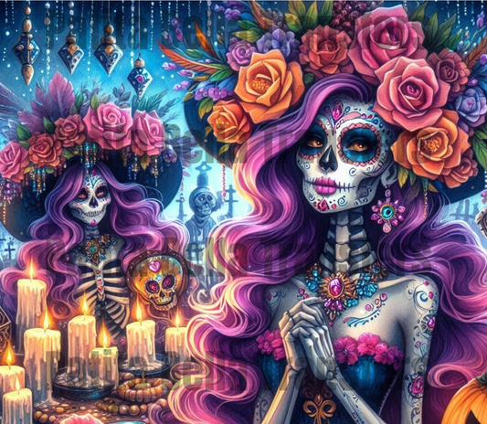 T281 Catrina Dia De Los Muertos transfer para sublimacion tumbler de 20oz