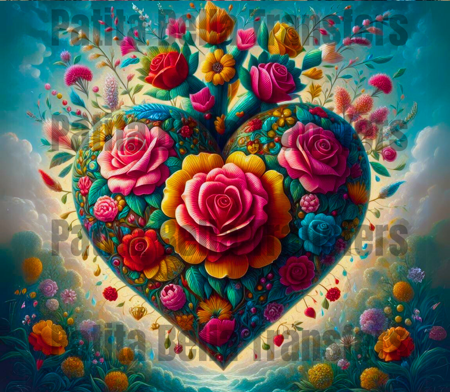 T404 Corazon Flores transfer para sublimacion tumbler de 20oz
