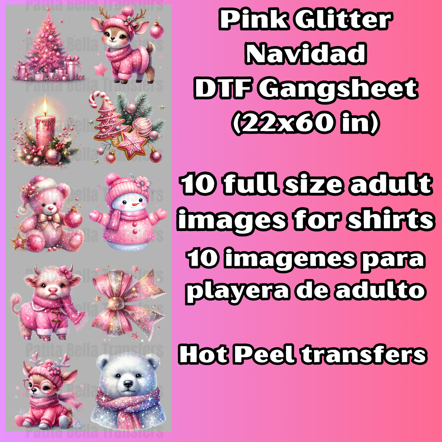 G49 Pink Glitter Navidad Hot Peel DTF Gang Sheet