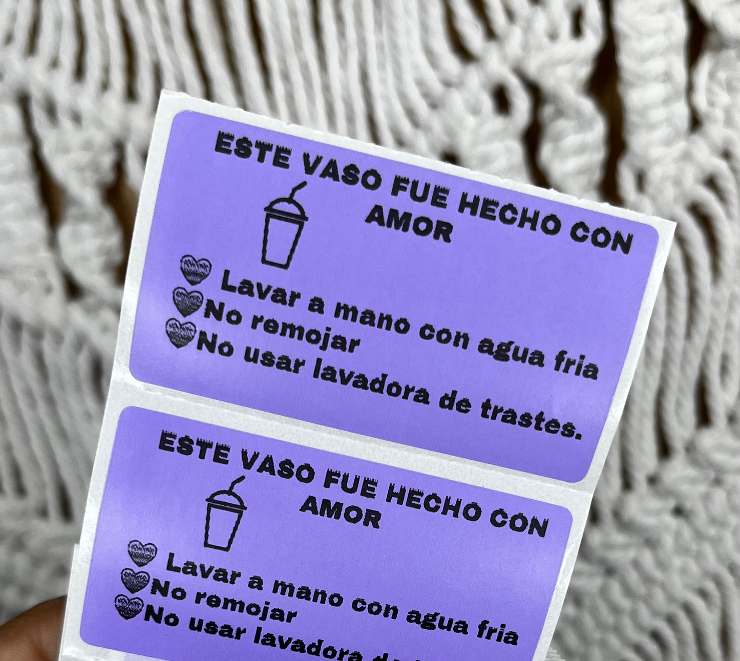 Paquete de 100 stickers con instrucciones de cuidado para vasos