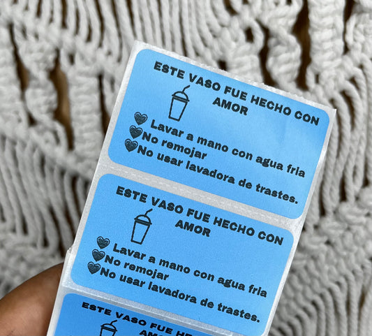 Paquete de 100 stickers con instrucciones de cuidado para vasos