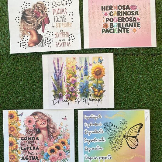 PT9 Paquete de 10 pcs (2 de cada diseño) / sublimacion transfers para tumbler 20oz